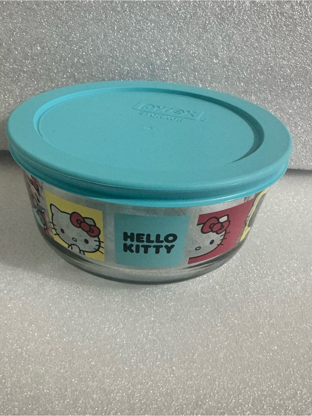 Sanrio Hello Kitty Glass Bowl with Turquoise Lid and Colorful Panels